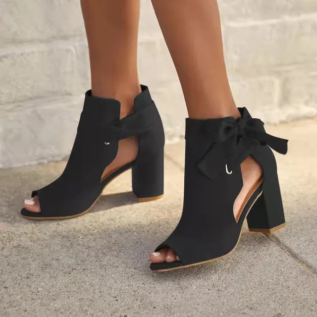 Chic Suede Ankle Boots for Women with Peep Toe Tie Up Chunky Block Heel Style